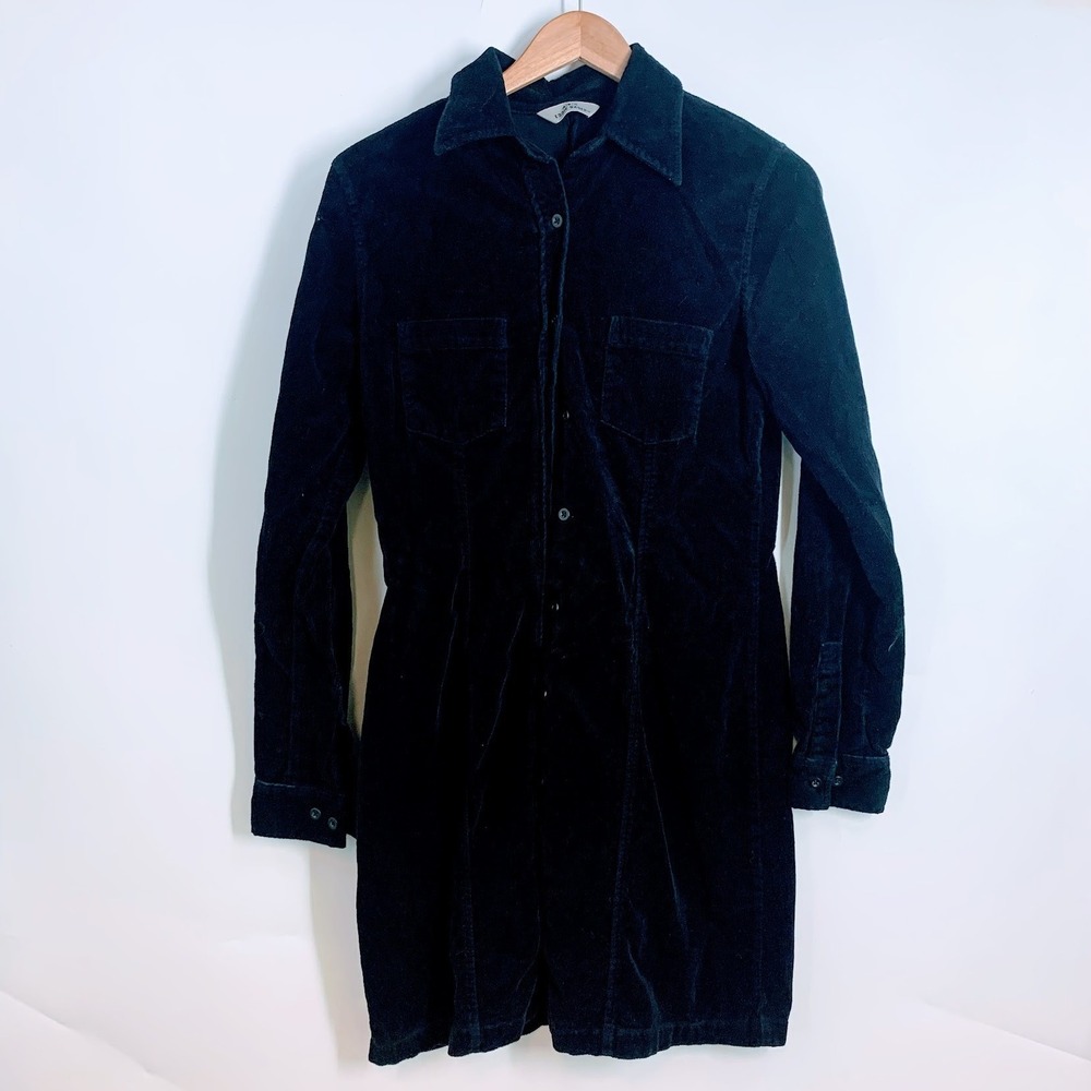 Eddie Bauer Womens Corduroy Shirt Dress Button Front Long Sleeve Black Navy Mini